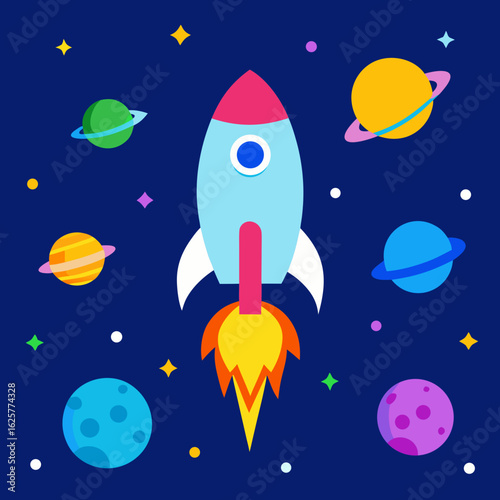 Cartoon rocket ship blasting off into a colorful galaxy with planets and stars