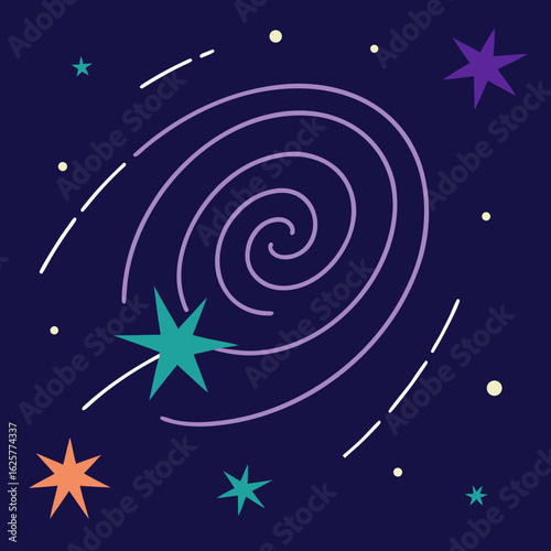 Whimsical cosmic swirl with shooting stars and planets