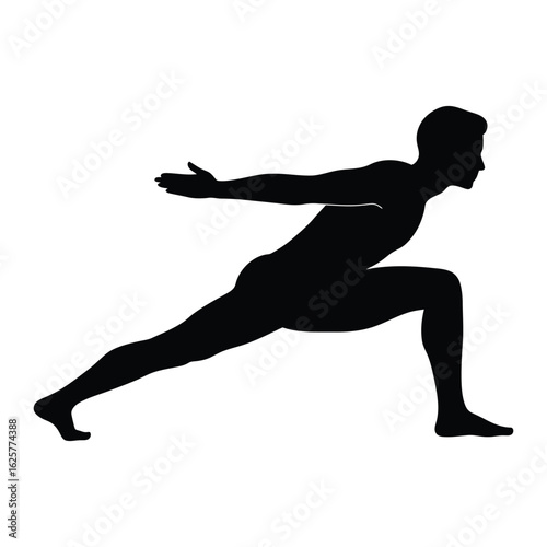 Silhouette of a man doing a lunge with arms extended, isolated on white background, demonstrating balance, strength, and flexibility in a fitness pose