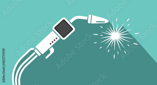 Modern vector illustration showcasing a welding torch with sparks against a clean blue background, emphasizing simplicity and industrial functionality