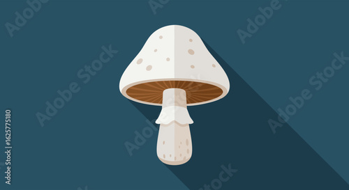 Stylized toadstool illustration with a flat design aesthetic on a teal background, showcasing fungal beauty and nature's simple elegance