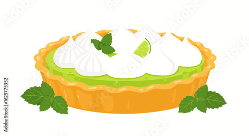Vibrant Key Lime Pie Illustration with Meringue Topping and Mint Garnish Aesthetic Dessert Image