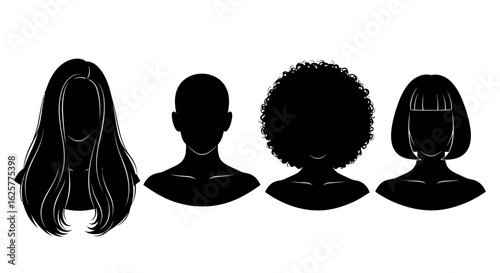 Diverse Female Silhouette Head Portraits with Various Hairstyles
