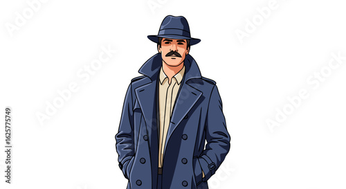 Illustration of a stylish man in a trench coat and hat on a white background evoking vintage detective or mystery elements