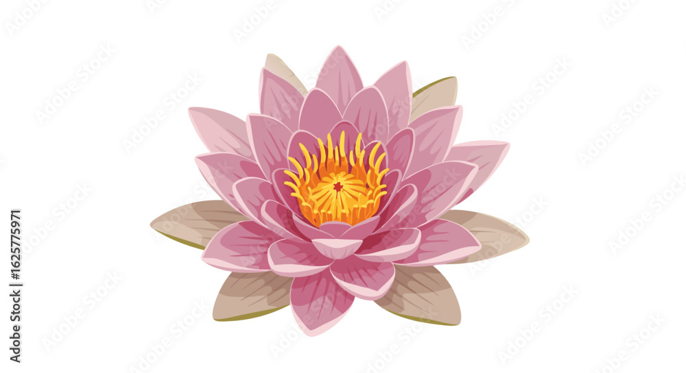 Fototapeta premium Elegant pink water lily illustration showcasing delicate petals and vibrant yellow center portraying nature's serene beauty
