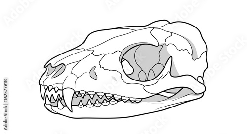 Detailed Line Art Illustration of an Animal Skull on a Plain Background, Highlighting Anatomical Structure with Precision