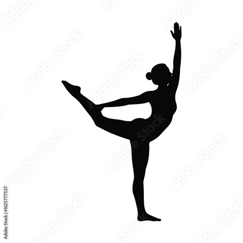 Silhouette of a woman in king of the dance yoga pose isolated on white background, showcasing balance, flexibility, and strength in a fitness routine