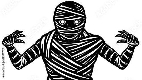 Cartoon mummy with claws wrapped in bandages isolated on white background