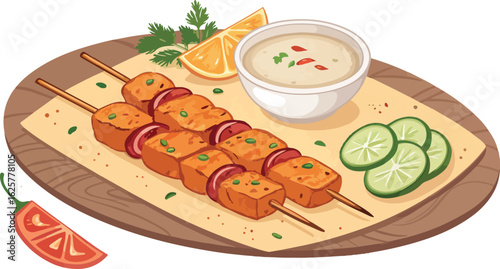 Chicken tikka on plate illustration vector design, Chicken tikka icon design, Chicken tikka vector design
