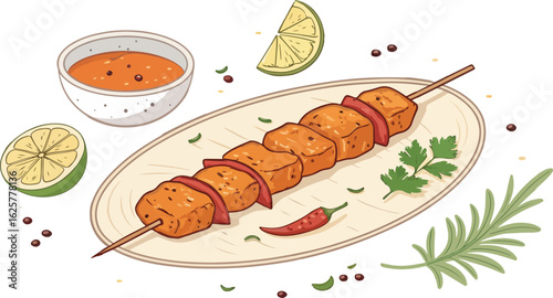 Chicken tikka on plate illustration vector design, Chicken tikka logo design, Chicken tikka vector design