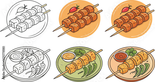 Set of Chicken tikka vector design, Chicken tikka logo and icon design, Chicken tikka illustration vector design