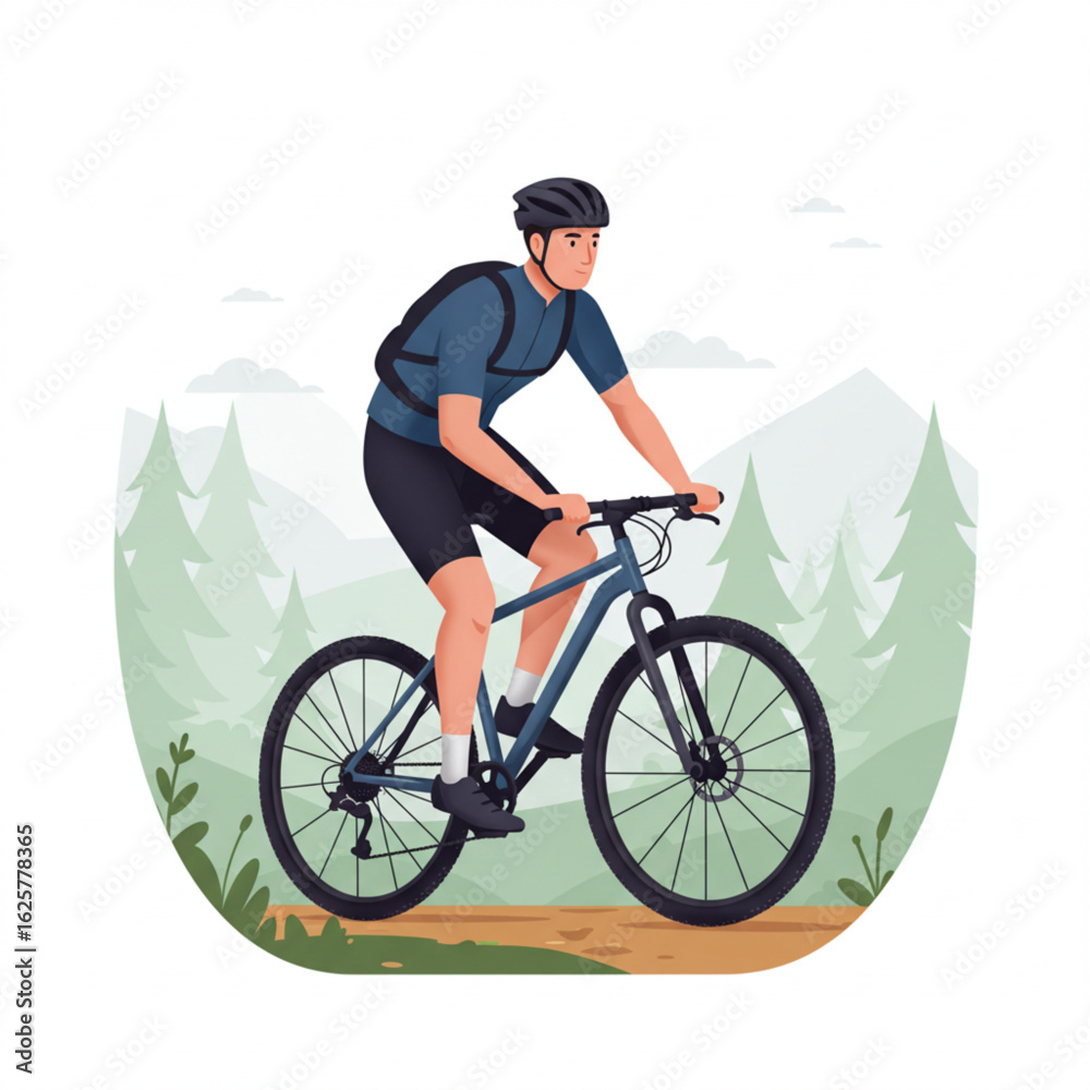 Naklejka premium Mountain biker riding bicycle on trail in forest outdoor adventure illustration