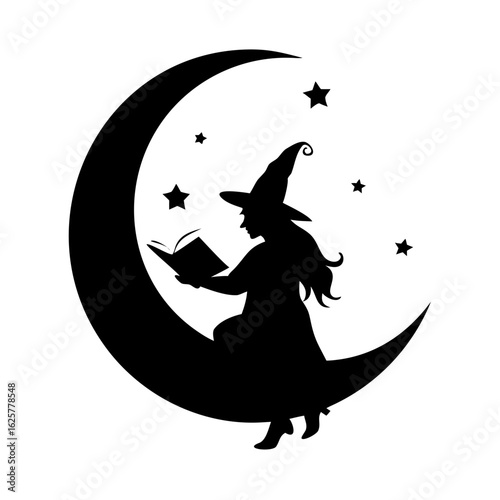Silhouette of a witch reading a book on the moon isolated on white background