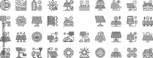 Collection of solar energy and renewable power icons isolated on white background