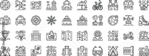 Assortment of travel and tourism icons depicting various modes of transport and vacation activities, isolated on white background