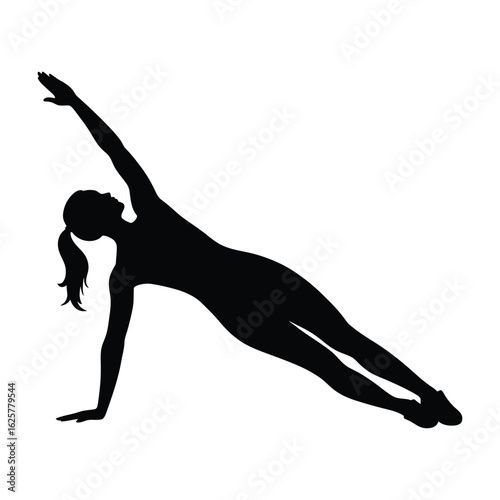 Silhouette of a woman in side plank yoga pose, isolated on white background, representing fitness, health, and a balanced, active lifestyle