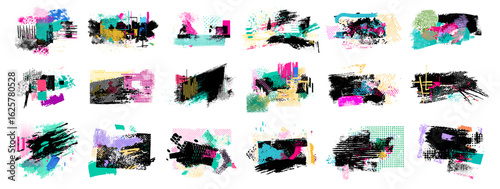 Abstract glitch elements set. Digital pixel grunge noise texture brushes. Vector illustration