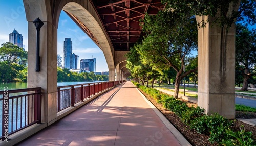 Austin's cityscape framed by the Congress Avenue Bridge, a pedestrian walkway with trees and river views