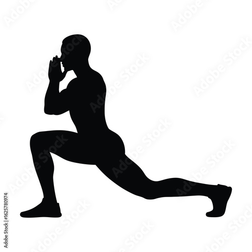 Silhouette of a man performing a lunge exercise isolated on white background, showcasing strength, fitness, and an active lifestyle