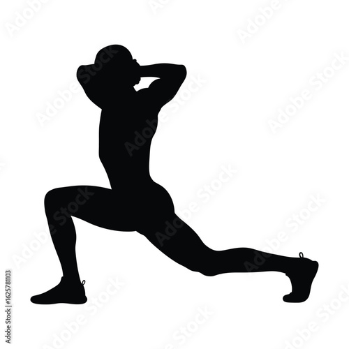 Silhouette of a man doing a lunge exercise isolated on white background, demonstrating strength, balance, and fitness for an active lifestyle