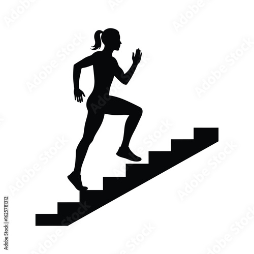 Woman running up stairs isolated on white background, symbolizing fitness, progress, and the pursuit of goals with determination and energetic movement