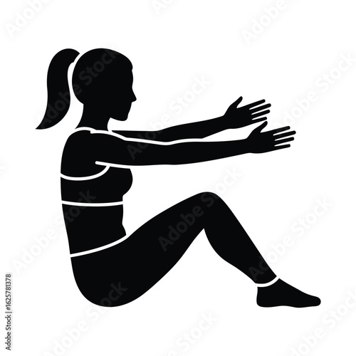 Silhouette of a woman doing situps, isolated on white background this image shows a fitness exercise for abdominal muscles and core strength