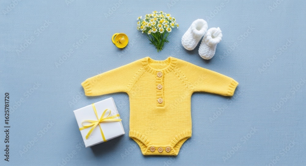 Fototapeta premium Sunny anticipation: A minimalist layout of baby essentials evoking springtime charm and tenderness