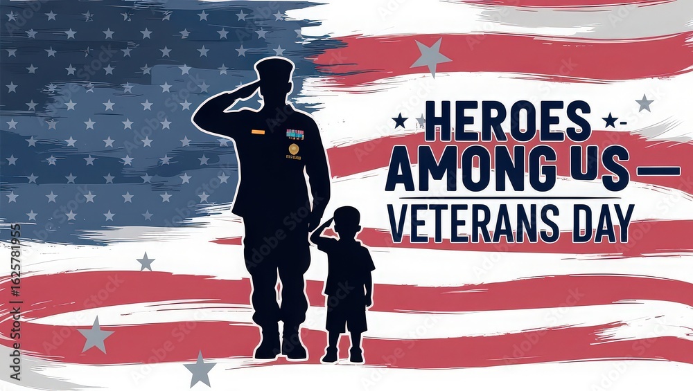 Obraz premium Silhouette of soldier and child saluting on veterans day with american flag background and stars