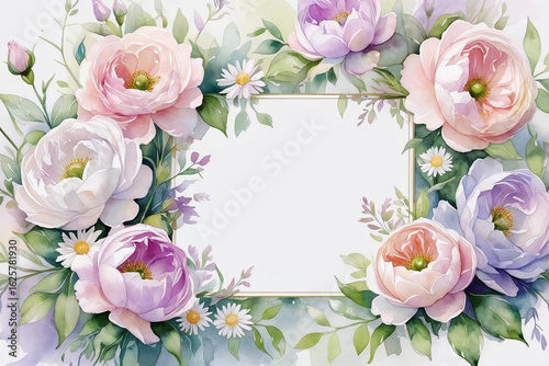 Elegant square frame bordered by soft watercolor peonies in pastel pink, purple, and white with fresh green leaves.