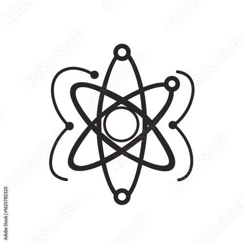Black and White Atom Illustration with Orbiting Electrons on a White Background