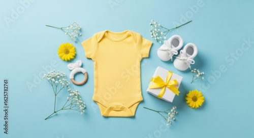 Delicate announcement laying with yellow baby clothing and presents on light blue background,