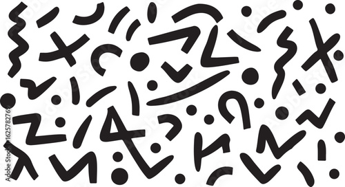 Vector art of black abstract shapes and lines create a dynamic and modern pattern isolated on white background for a bold and eyecatching design isolated on white background