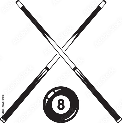 Silhouette of a crossed billiard cue sticks with eight ball isolated on white background, perfect for game enthusiasts and recreational activity themes isolated on white background