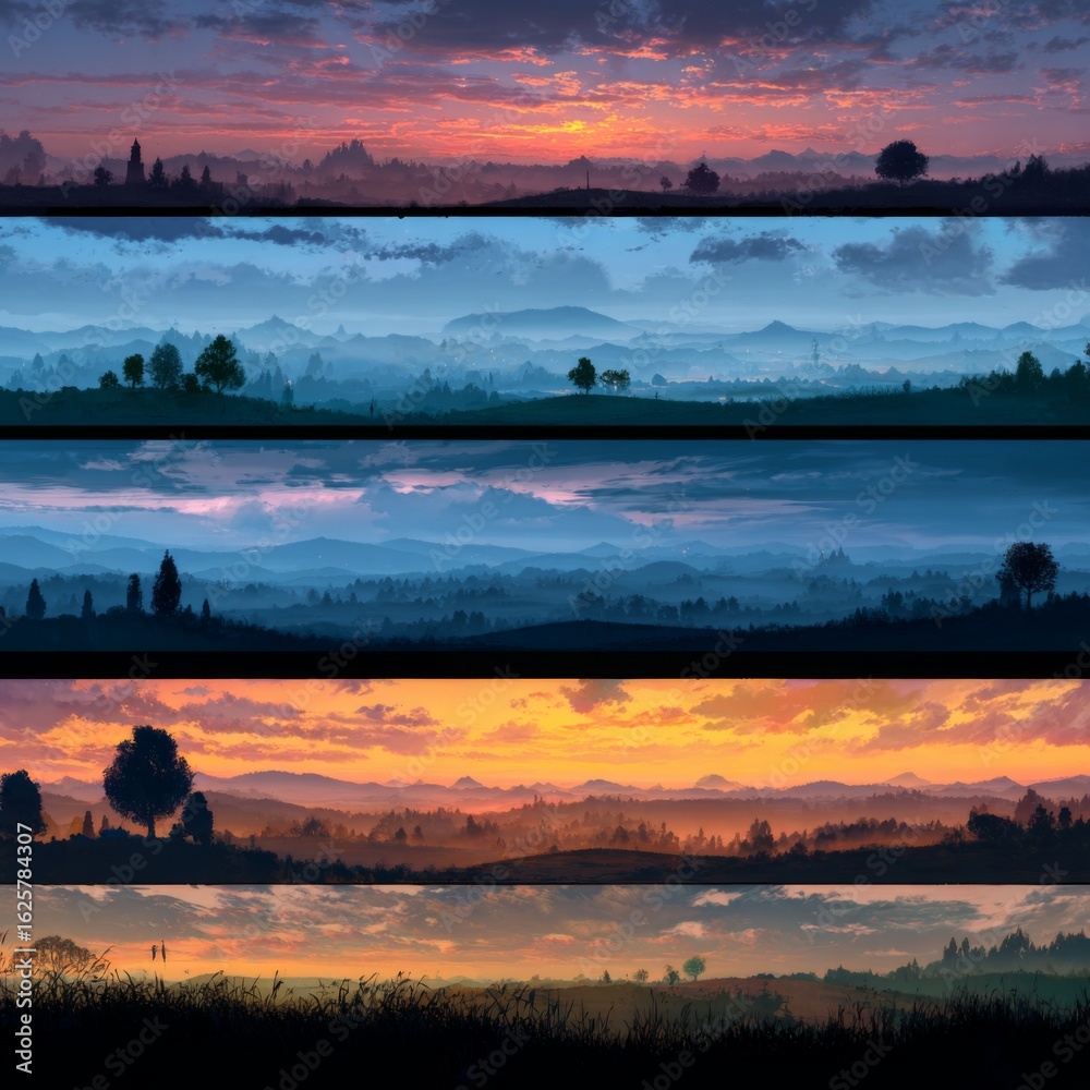 Obraz premium Colorful Gradient Landscape with Layered Mountains and Calm Skies at Sunset and Sunrise in Various Shades of Blue and Orange