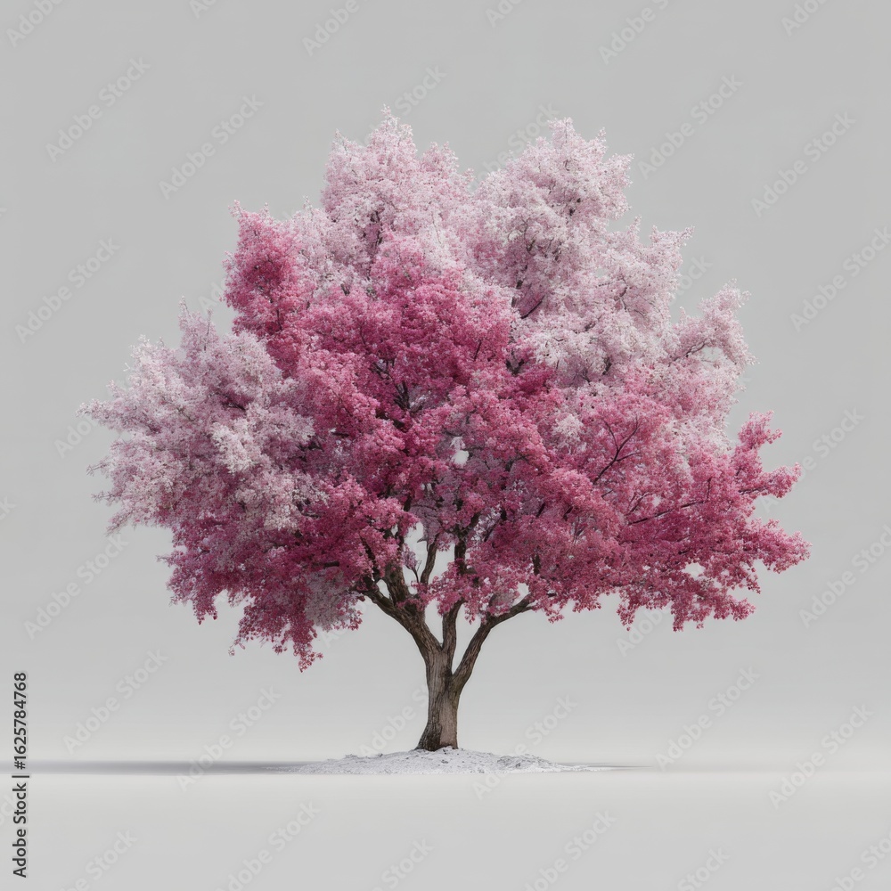 Obraz premium Elegant pink tree with vibrant blossoms standing alone against a minimalist gray background in soft pastel tones