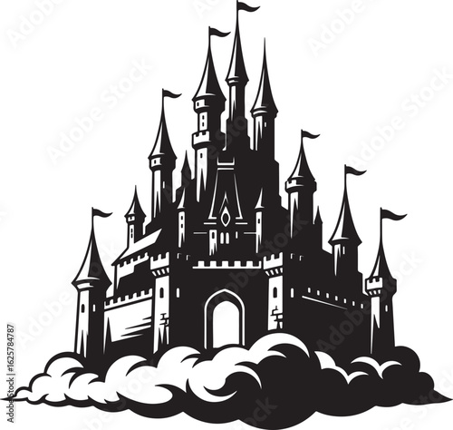 A majestic castle silhouette isolated on white background, a fairytale fortress with towers, spires, and flags against a clear sky, evoking dreams and magic isolated on white background