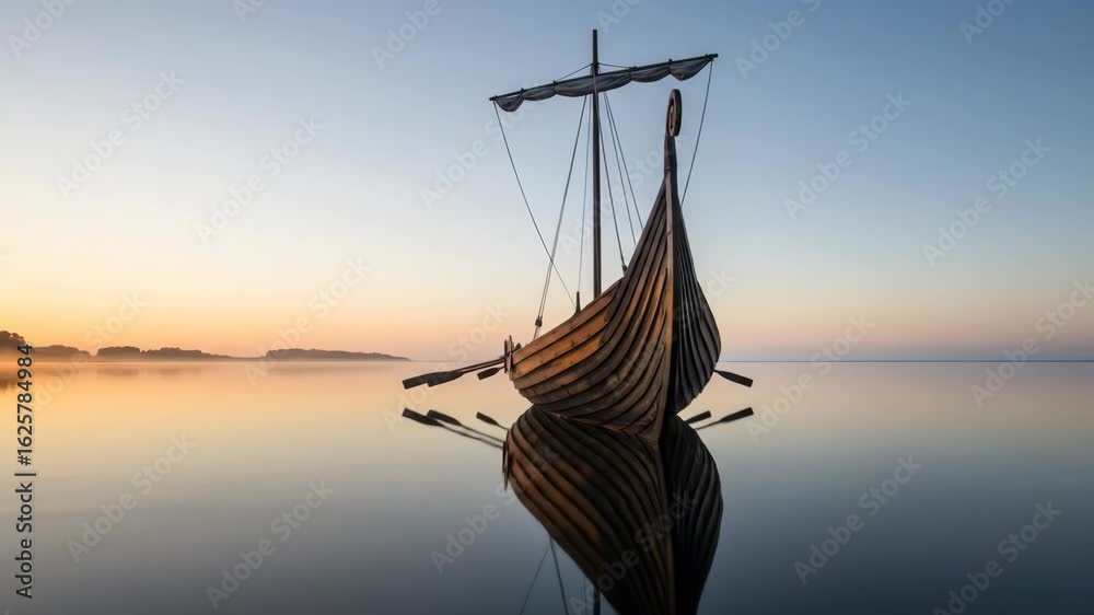 Wooden Viking Ship on Calm Water at Sunset