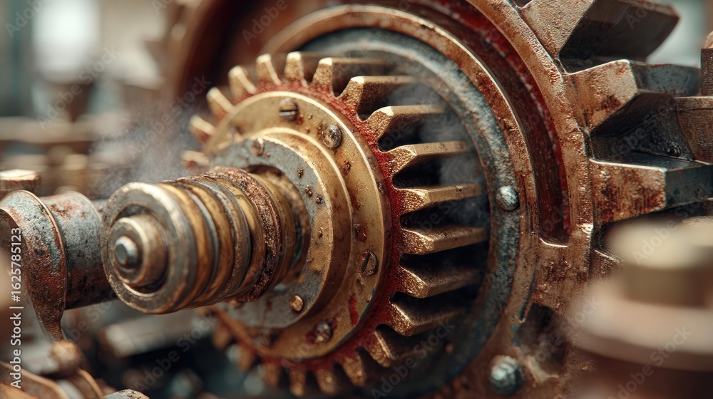 Steam outlet with gear spinner concept. Detailed close-up of a rusted mechanical gear and machine component. Steam outlet with gear spinner concept. Detailed close-up of a rusted mechanical gear and machine component.