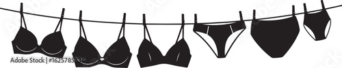 A Vector art of black and white illustration of bras and panties hanging on a clothesline, isolated on white background isolated on white background