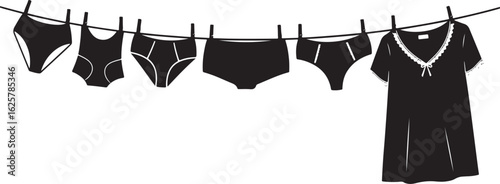 A Vector art of silhouette of various woman's underwear and nightgown hanging on a clothesline, isolated on white background isolated on white background