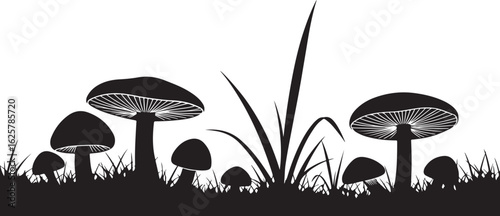 A Vector art of silhouette of mushrooms and grass isolated on white background, a simple and elegant design for naturethemed projects and illustrations isolated on white background