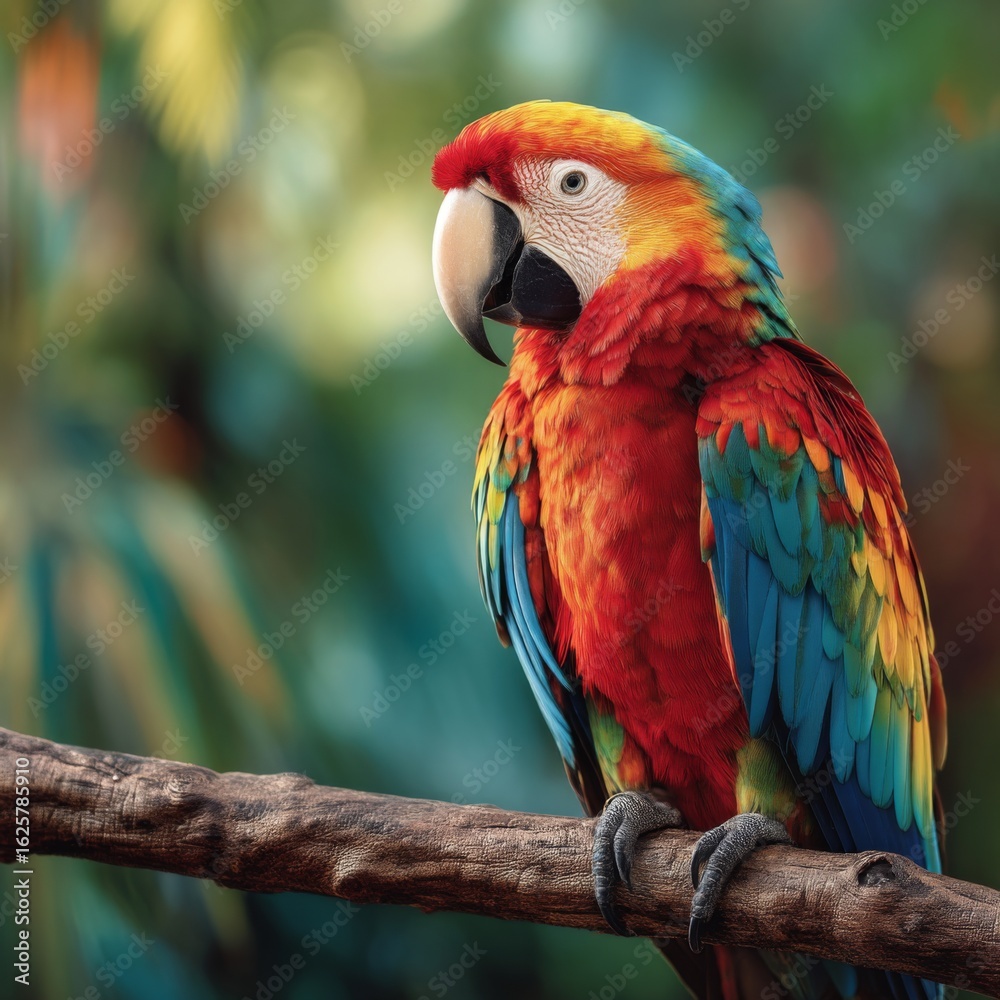 Obraz premium Vibrant Scarlet Macaw Perched on Branch in Lush Tropical Environment with Colorful Feathers