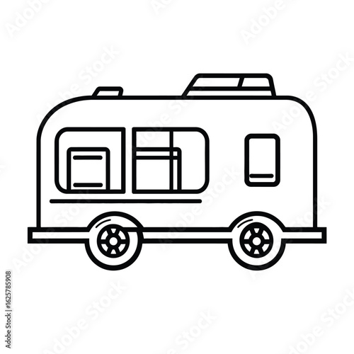 Black outline caravan with windows and tires on transparent background design