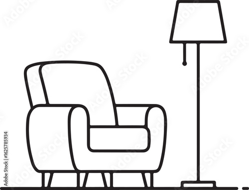 A minimalist living room interior with armchair and floor lamp isolated on white background, creating a cozy and modern home atmosphere isolated on white background