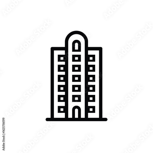 Black Outline Icon of a Modern MultiStory Building with Arched Entrance and Top