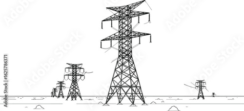 High voltage power transmission line towers landscape illustration, electric pylon network, flat vector illustration