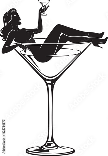 A silhouette of a glamorous woman relaxing in a martini glass with a cocktail, isolated on white background isolated on white background