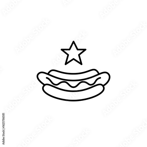 Hot dog with mustard in a bun and star. Top rated street food. Pixel perfect, editable stroke vector icon