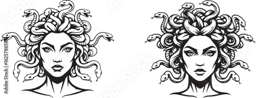 Vector art of medusa gorgon head with snake hair, a mythical creature from greek mythology isolated on white background isolated on white background