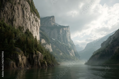 Majestic Mountain Landscape with Misty River and Lush Forests in a Serene Wilderness Scene